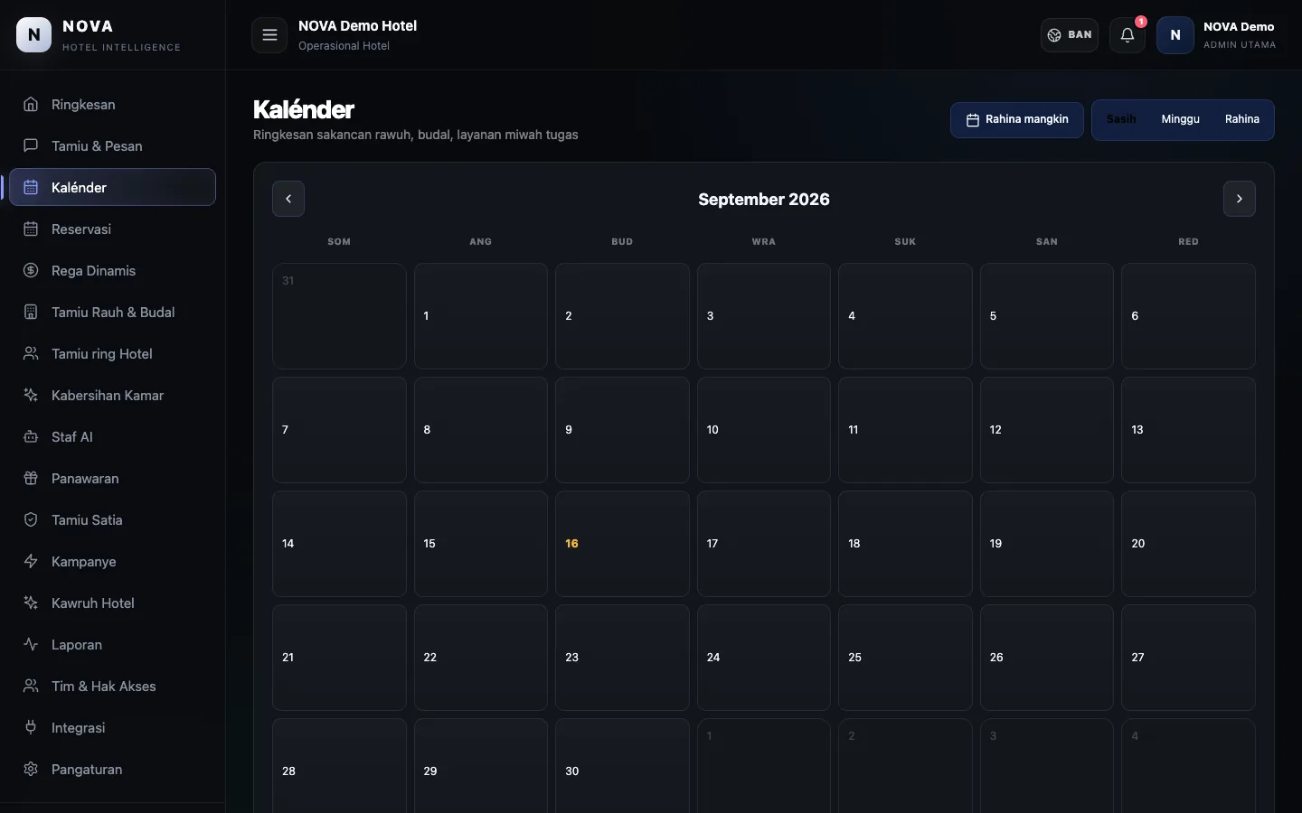 Dashboard demo NOVA: Kalender.