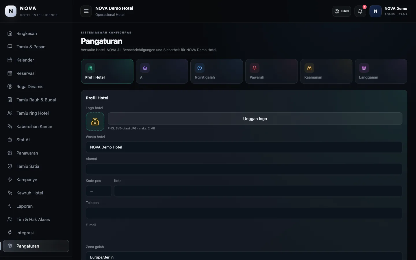 Dashboard demo NOVA: Pangaturan.