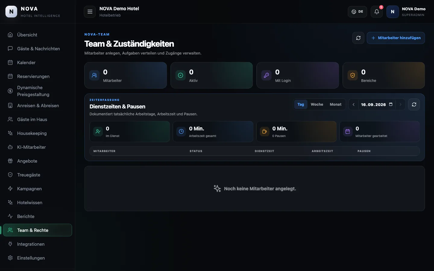 NOVA-Demodashboard: Team & Rechte.
