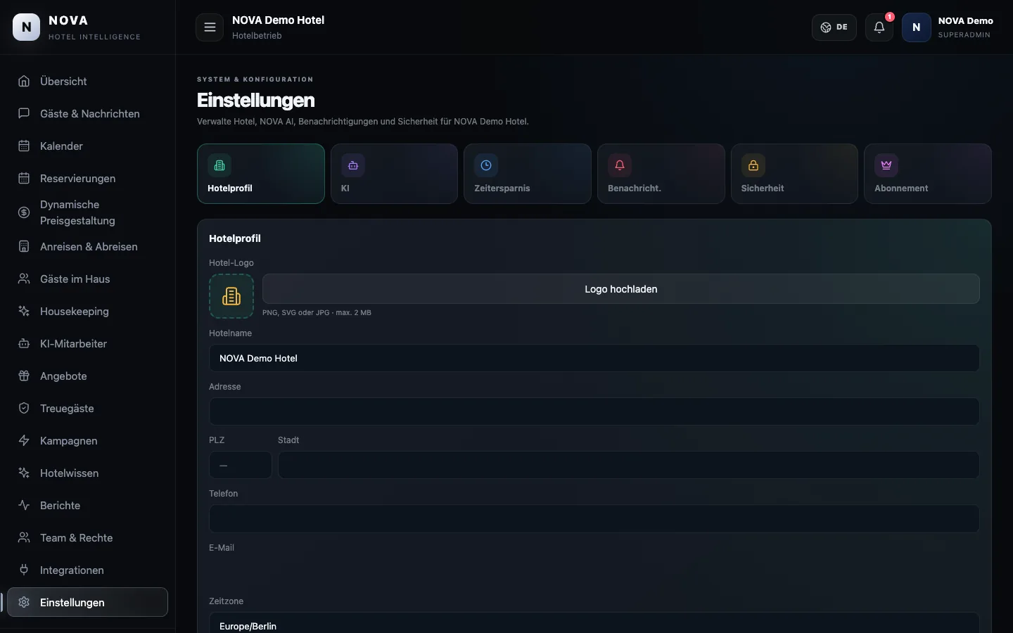 NOVA-Demodashboard: Einstellungen.