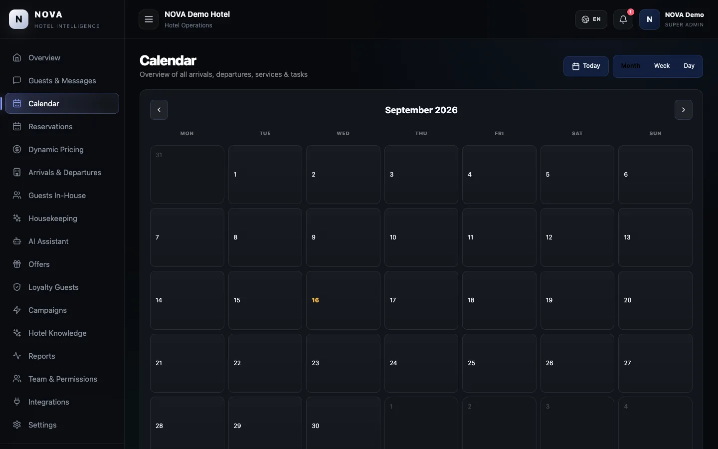 NOVA demo dashboard: Calendar.