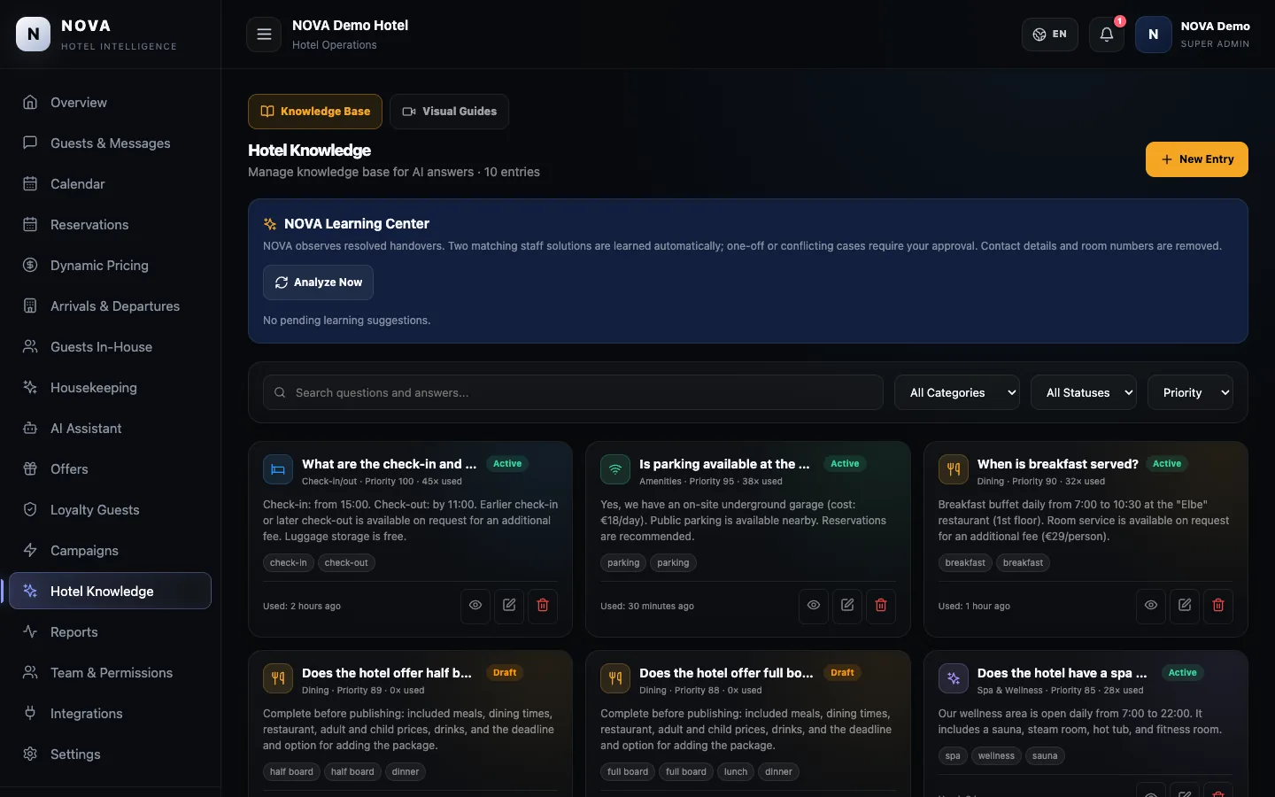 NOVA demo dashboard: Hotel knowledge.