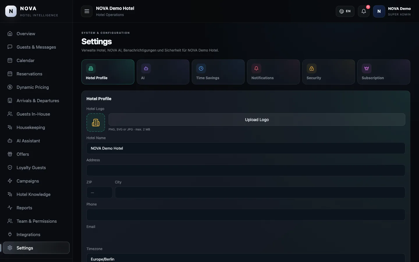 NOVA demo dashboard: Settings.