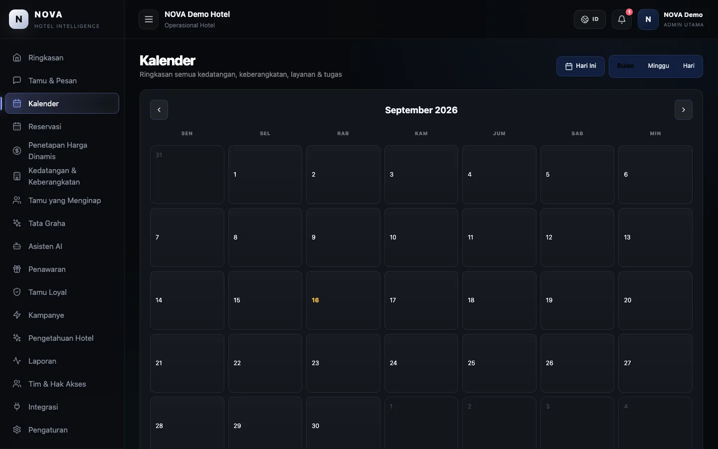 Dasbor demo NOVA: Kalender.