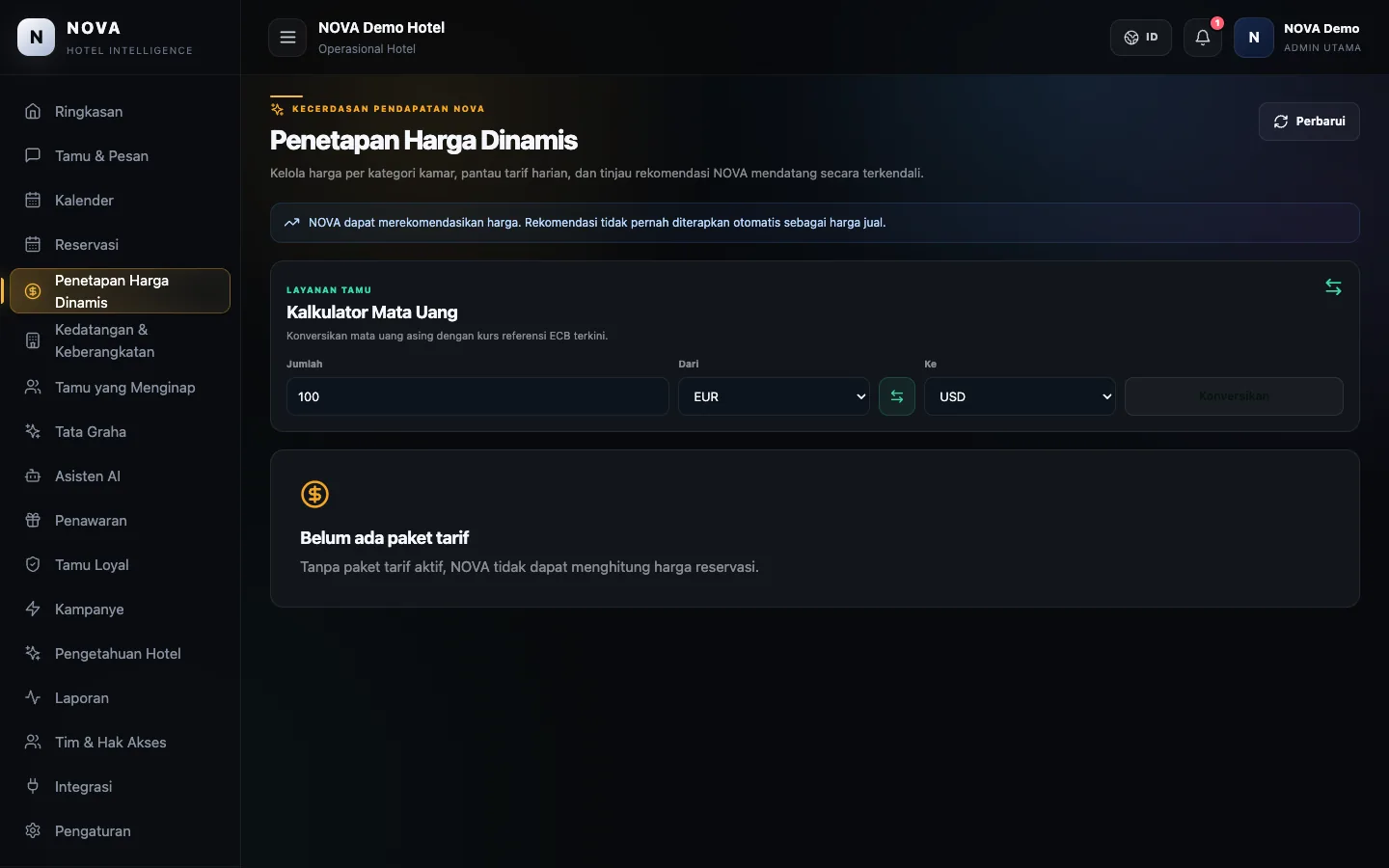 Dasbor demo NOVA: Harga dinamis.