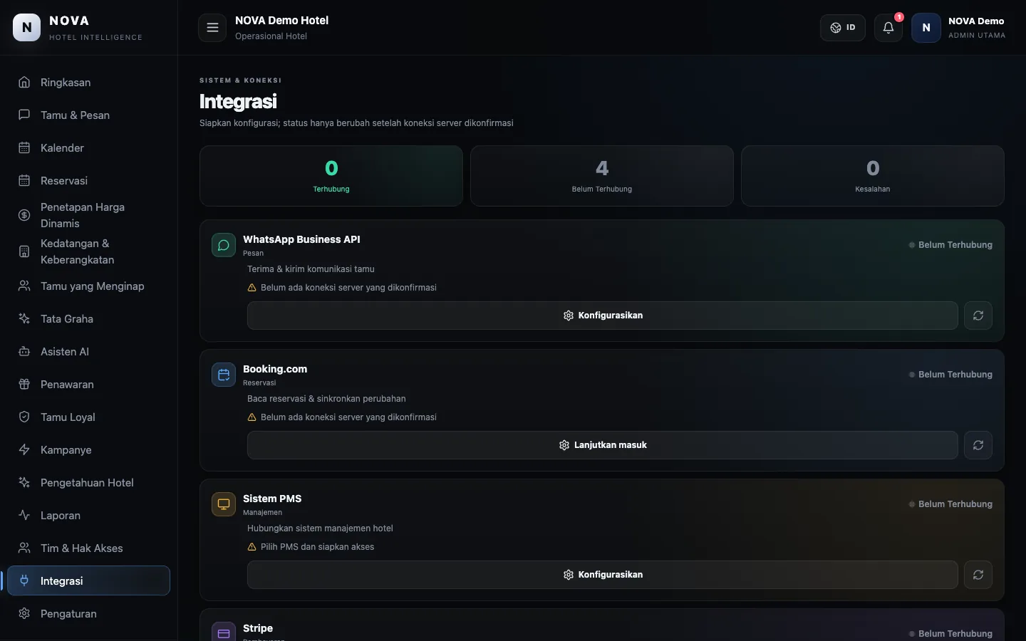 Dasbor demo NOVA: Integrasi.