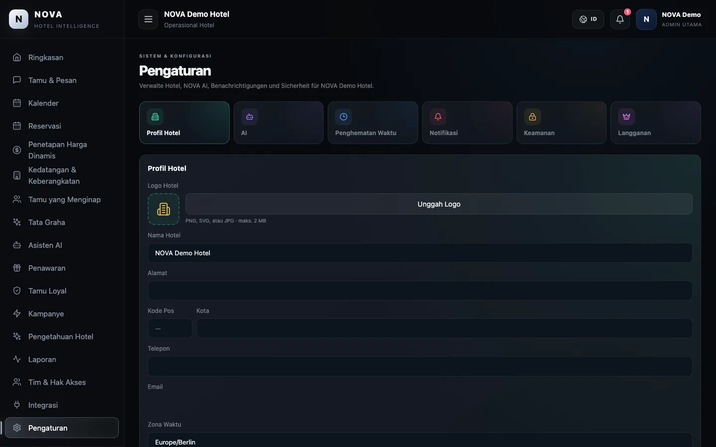 Dasbor demo NOVA: Pengaturan.