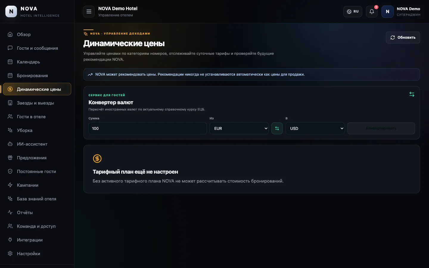 Демонстрационная панель NOVA: Динамическое ценообразование.