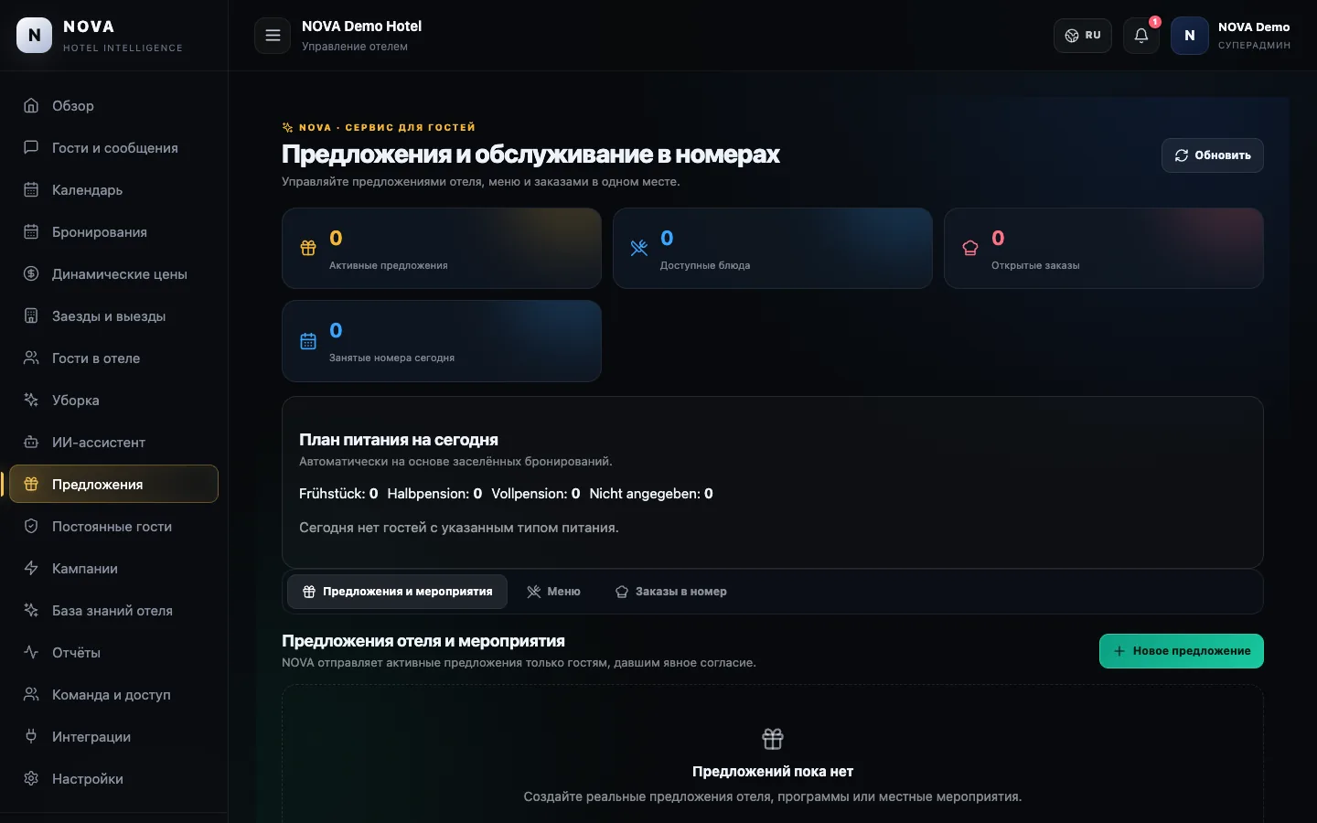 Демонстрационная панель NOVA: Предложения.