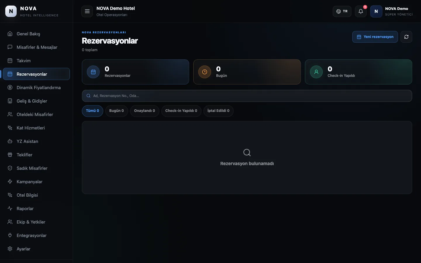 NOVA demo paneli: Rezervasyonlar.
