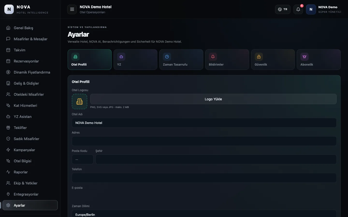 NOVA demo paneli: Ayarlar.