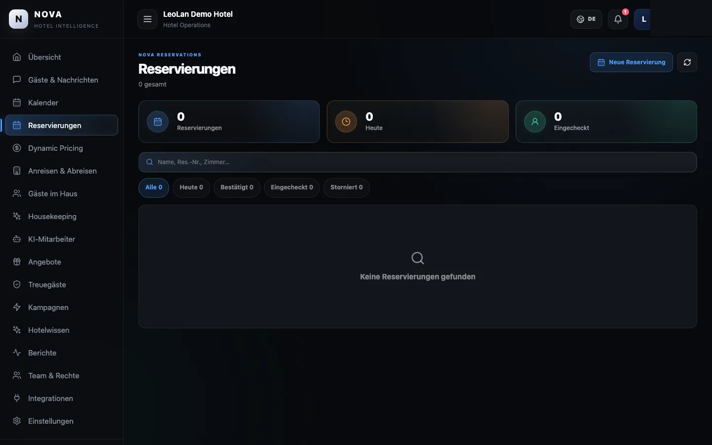 NOVA Reservierungen – anonymisierte Demoansicht